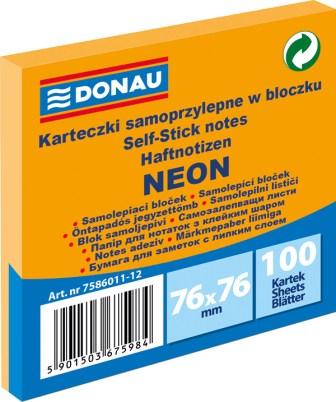 Bloček samolepicí Donau 76x76mm 100listů oranžová
